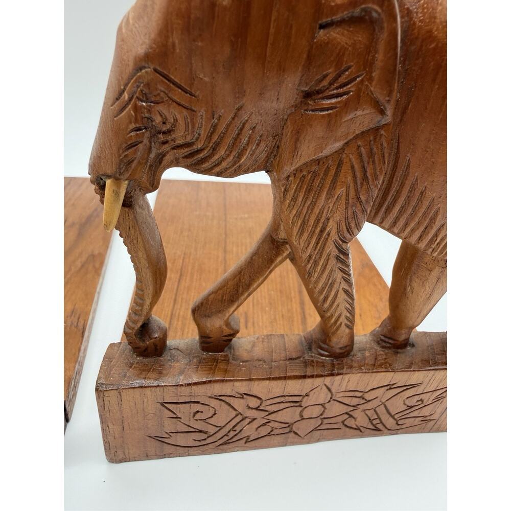 Vintage Wooden Carved Elephant Folding Bookends Set of 2 Brown Hand Carved - Picture 11 of 12